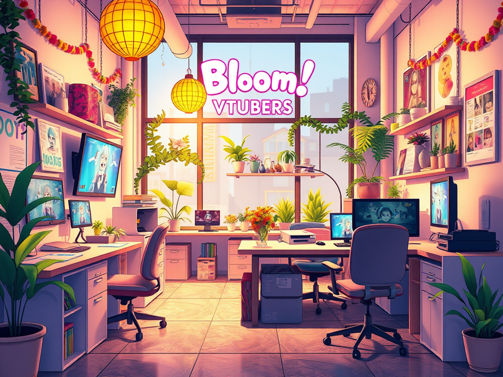 Bloom! agency staff working in a modern office with VTuber models on multiple screens